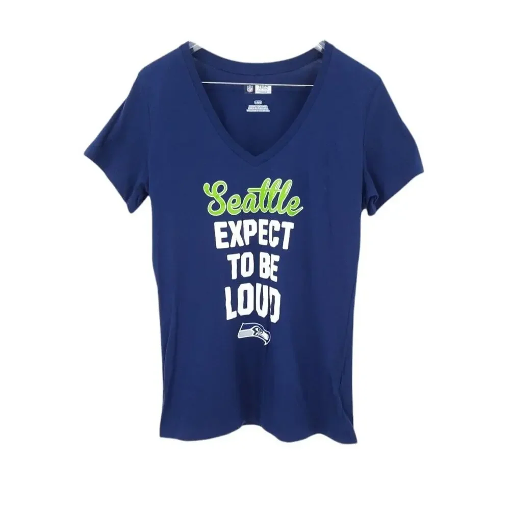 NFL Apparel Seattle Seahawks V-Neck Short Sleeve Tee Size L Navy Blue Football
